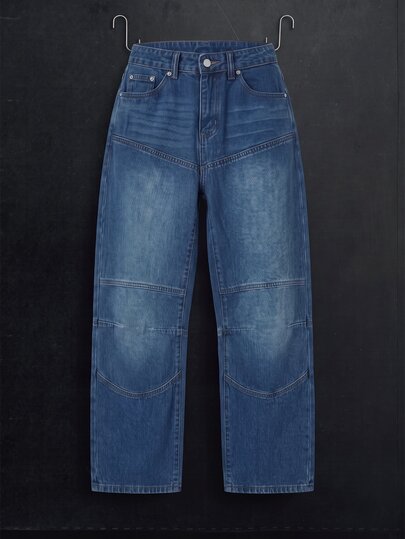 Manfinity Denimwave Casual Washed Blue Wide Leg Jeans With Paneled Tailoring, Suitable For Spring And Autumn Punk Regular Washed Blue Baggy Street For Distressed Jeans