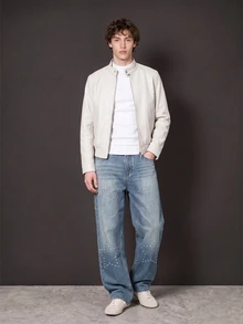 Manfinity Denimwave 男士复古水洗蓝色水钻装饰宽松阔腿牛仔裤 - 淺色水洗藍 - 查看 3