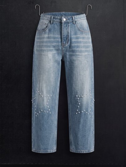 Manfinity Denimwave Men's Vintage Washed Blue Rhinestone Star Loose Wide Leg Baggy Jeans,Blue And White Stripe,Summer,Streetwear,City Break,Y2K Distressed Couple Denim