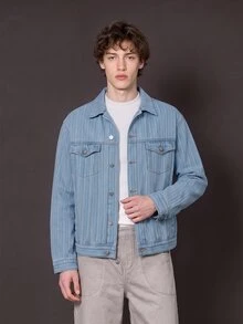 Manfinity Denimwave 男士长袖单排扣休闲牛仔提花宽松夹克 - 淺色水洗藍 - 查看 2