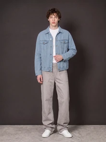 Manfinity Denimwave 男士长袖单排扣休闲牛仔提花宽松夹克 - 淺色水洗藍 - 查看 3