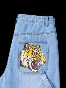 Manfinity Denimwave Men's Casual Washed Tiger Print Distressed Straight Leg Jeans Blue Baggy Jeans Men - Light Wash - View 5