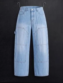 Manfinity Denimwave Men's Casual Washed Tiger Print Distressed Straight Leg Jeans Blue Baggy Jeans Men - Light Wash - View 1