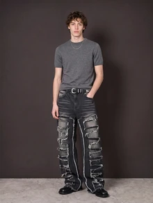 Manfinity Denimwave Men's Vintage Washed Patchwork Distressed Denim Jeans Emo Jeans Black Ripped Jeans Men - Black - View 3