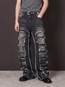 Manfinity Denimwave Men's Vintage Washed Patchwork Distressed Denim Jeans Emo Jeans Black Ripped Jeans Men - Black - View 2