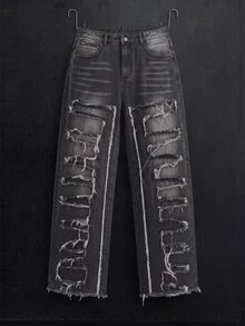 Manfinity Denimwave Men's Vintage Washed Patchwork Distressed Denim Jeans Emo Jeans Black Ripped Jeans Men - Black - View 1