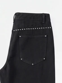 Manfinity Denimwave Casual Distressed Black Straight Loose Fit Maxi Jeans With Rivet Patchwork, Autumn/Winter Baggy Pants Y2k Rhinestone Pants - Black - View 4