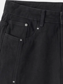 Manfinity Denimwave Casual Distressed Black Straight Loose Fit Maxi Jeans With Rivet Patchwork, Autumn/Winter Baggy Pants Y2k Rhinestone Pants - Black - View 6