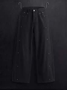 Manfinity Denimwave Casual Distressed Black Straight Loose Fit Maxi Jeans With Rivet Patchwork, Autumn/Winter Baggy Pants Y2k Rhinestone Pants - Black - View 1