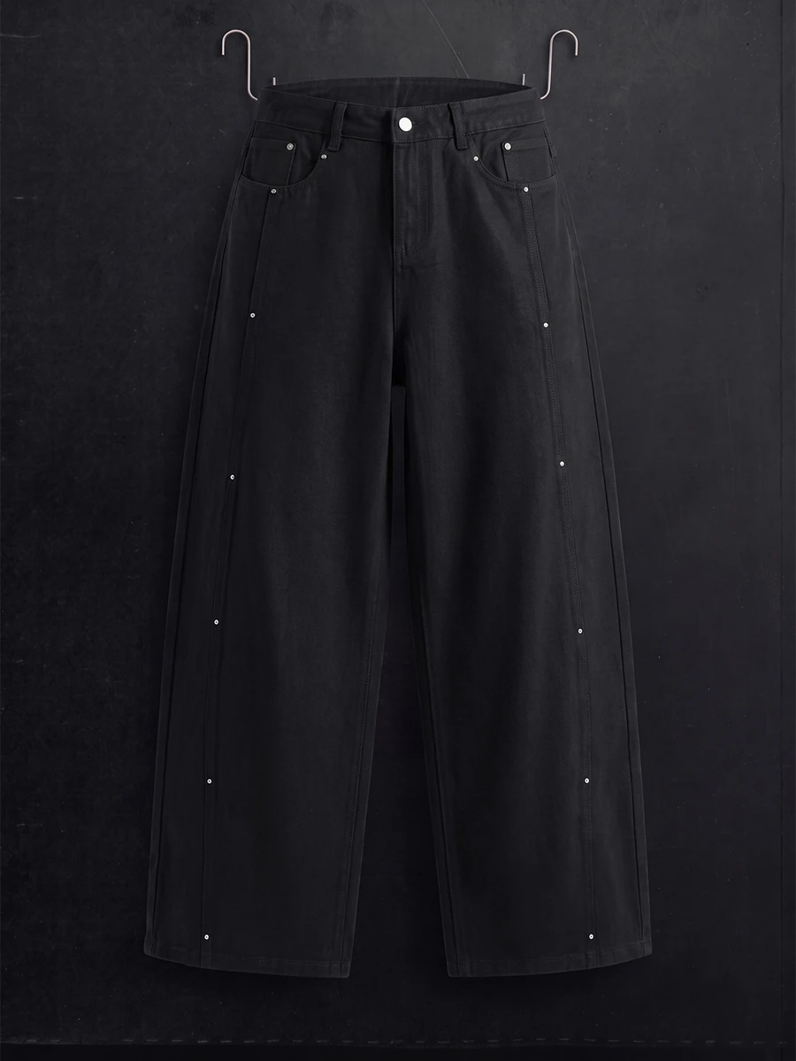 Manfinity Denimwave Casual Distressed Black Straight Loose Fit Maxi Jeans With Rivet Patchwork, Autumn/Winter Baggy Pants Y2k Rhinestone Pants - Black - View 1