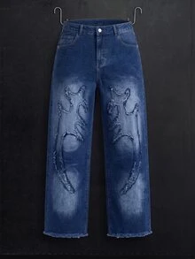 Manfinity Denimwave 复古美式个性化毛边高街刺绣水洗宽松筒状牛仔裤，百搭日常穿着 - 深色水洗藍 - 查看 1