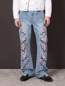Manfinity Denimwave Men's Straight Leg Flare Jeans With Print - Medium Wash - View 2