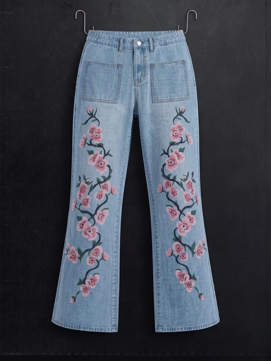 Manfinity Denimwave Men's Straight Leg Flare Jeans With Print - Medium Wash - View 1
