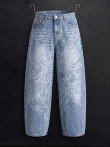 Manfinity Denimwave Light Wash Straight Loose Fit Laser Angel Graphic Print Casual Jeans, Street Style, Spring/Summer Baggy Jeans With Design - Blue - View 1
