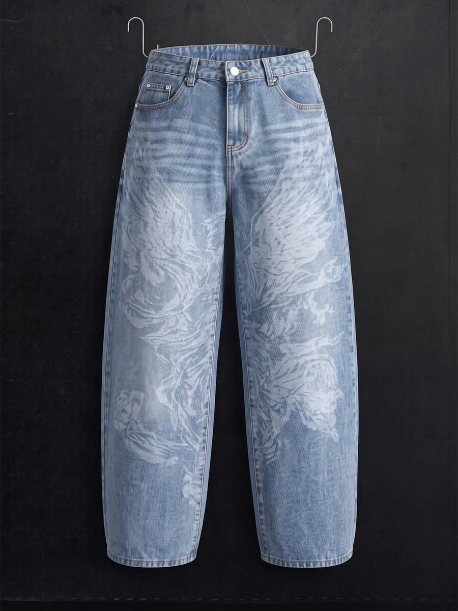 Manfinity Denimwave Light Wash Straight Loose Fit Laser Angel Graphic Print Casual Jeans, Street Style, Spring/Summer Baggy Jeans With Design - Blue - View 1