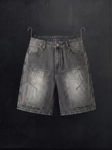 Manfinity Denimwave Pantalones cortos vaqueros de hombre con lavado vintage gris, bolsillos grandes, corte holgado y pierna ancha, estilo callejero, para verano - Gris - Ver 1