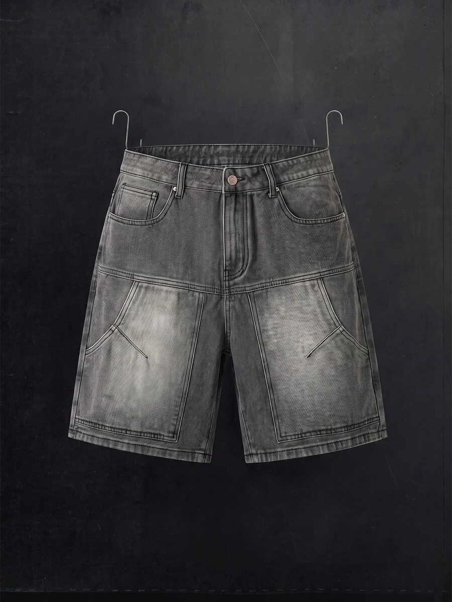 Manfinity Denimwave Pantalones cortos vaqueros de hombre con lavado vintage gris, bolsillos grandes, corte holgado y pierna ancha, estilo callejero, para verano - Gris - Ver 1