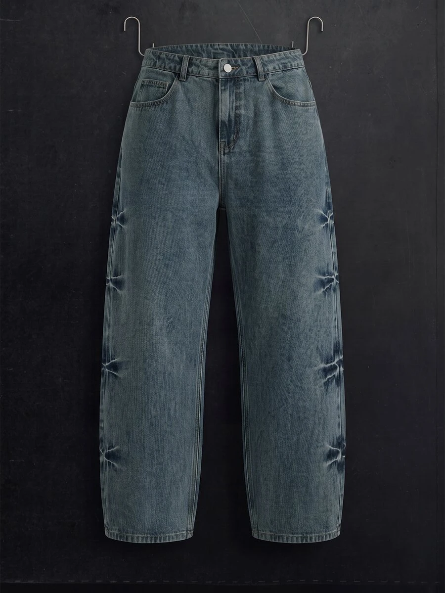 Manfinity Denimwave Unisex Vintage Distressed Washed Loose Fit Casual Wide Leg Jeans - Dark Wash - View 1