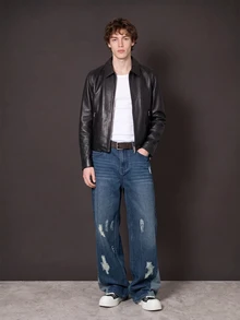 Manfinity Denimwave Men's Rhinestone Embellished Pocket Distressed Loose Casual Wide Leg Jeans - Blue - View 6