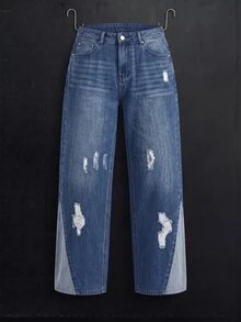 Manfinity Denimwave Men's Rhinestone Embellished Pocket Distressed Loose Casual Wide Leg Jeans - Blue - View 1