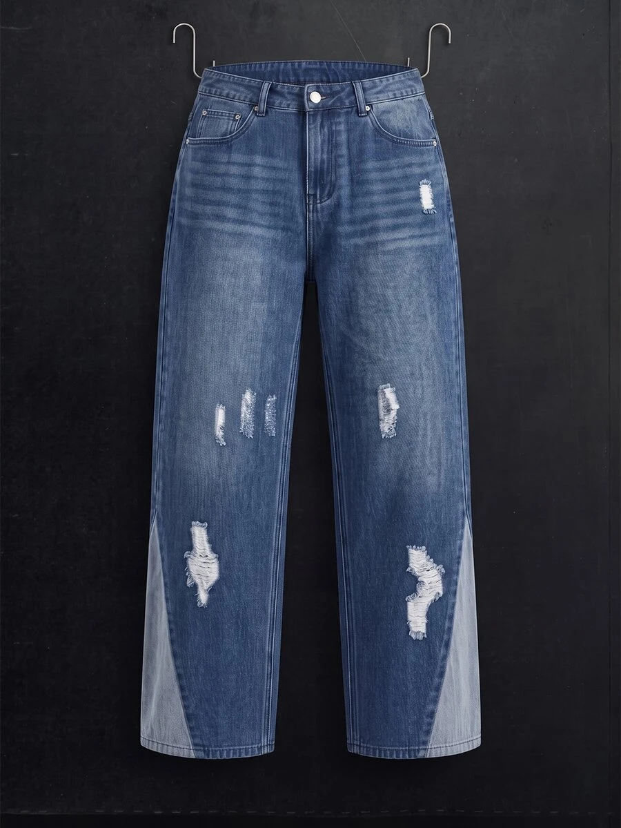 Manfinity Denimwave Men's Rhinestone Embellished Pocket Distressed Loose Casual Wide Leg Jeans - Blue - View 1