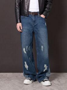 Manfinity Denimwave Men's Rhinestone Embellished Pocket Distressed Loose Casual Wide Leg Jeans - Blue - View 2