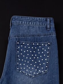 Manfinity Denimwave Men's Rhinestone Embellished Pocket Distressed Loose Casual Wide Leg Jeans - Blue - View 3