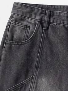 Manfinity Denimwave 男士休闲街头风做旧弧形拼接阔腿深灰色牛仔裤 - 深灰色 - 查看 5
