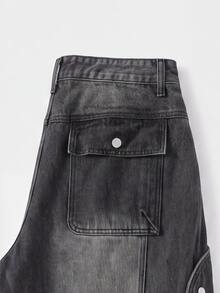 Manfinity Denimwave 男士休闲街头风做旧弧形拼接阔腿深灰色牛仔裤 - 深灰色 - 查看 3