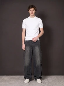 Manfinity Denimwave 男士休闲街头风做旧弧形拼接阔腿深灰色牛仔裤 - 深灰色 - 查看 4