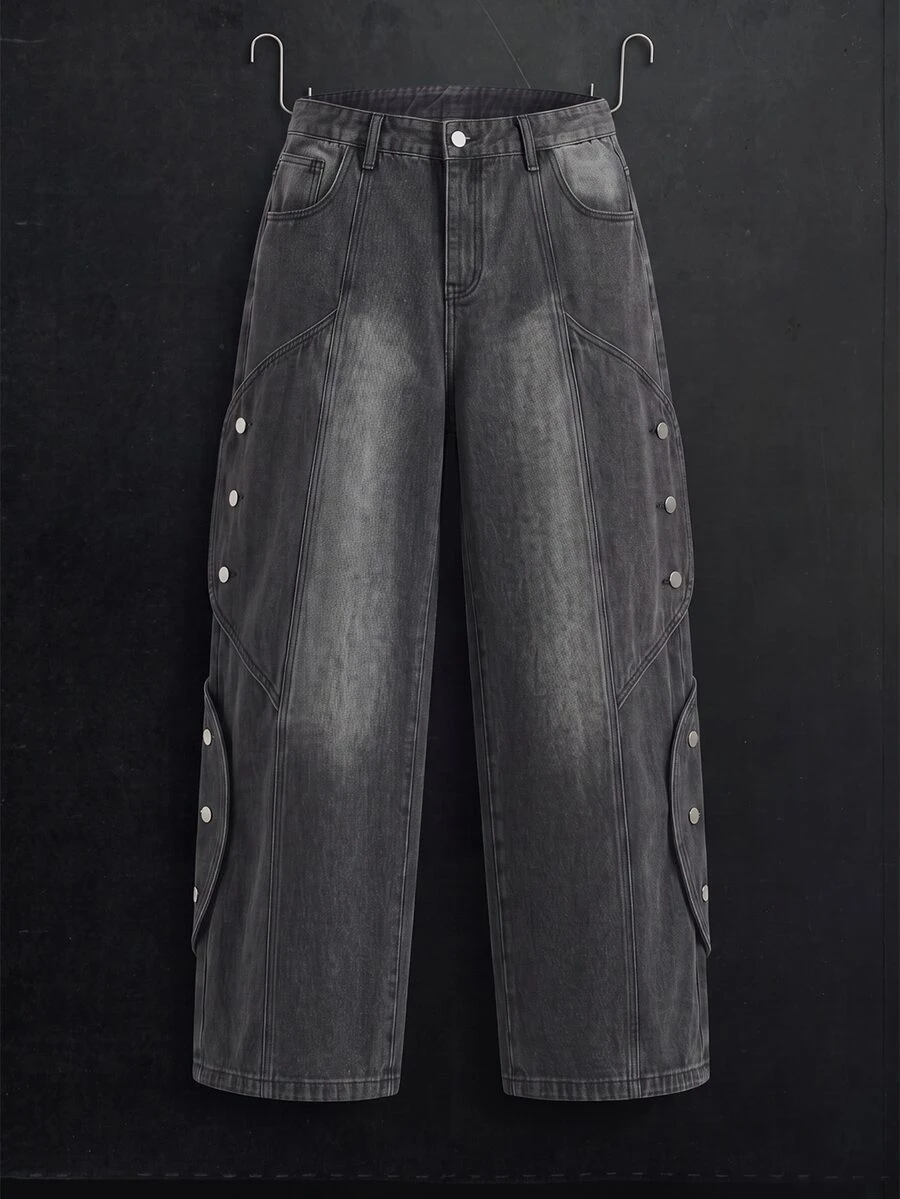 Manfinity Denimwave 男士休闲街头风做旧弧形拼接阔腿深灰色牛仔裤 - 深灰色 - 查看 1
