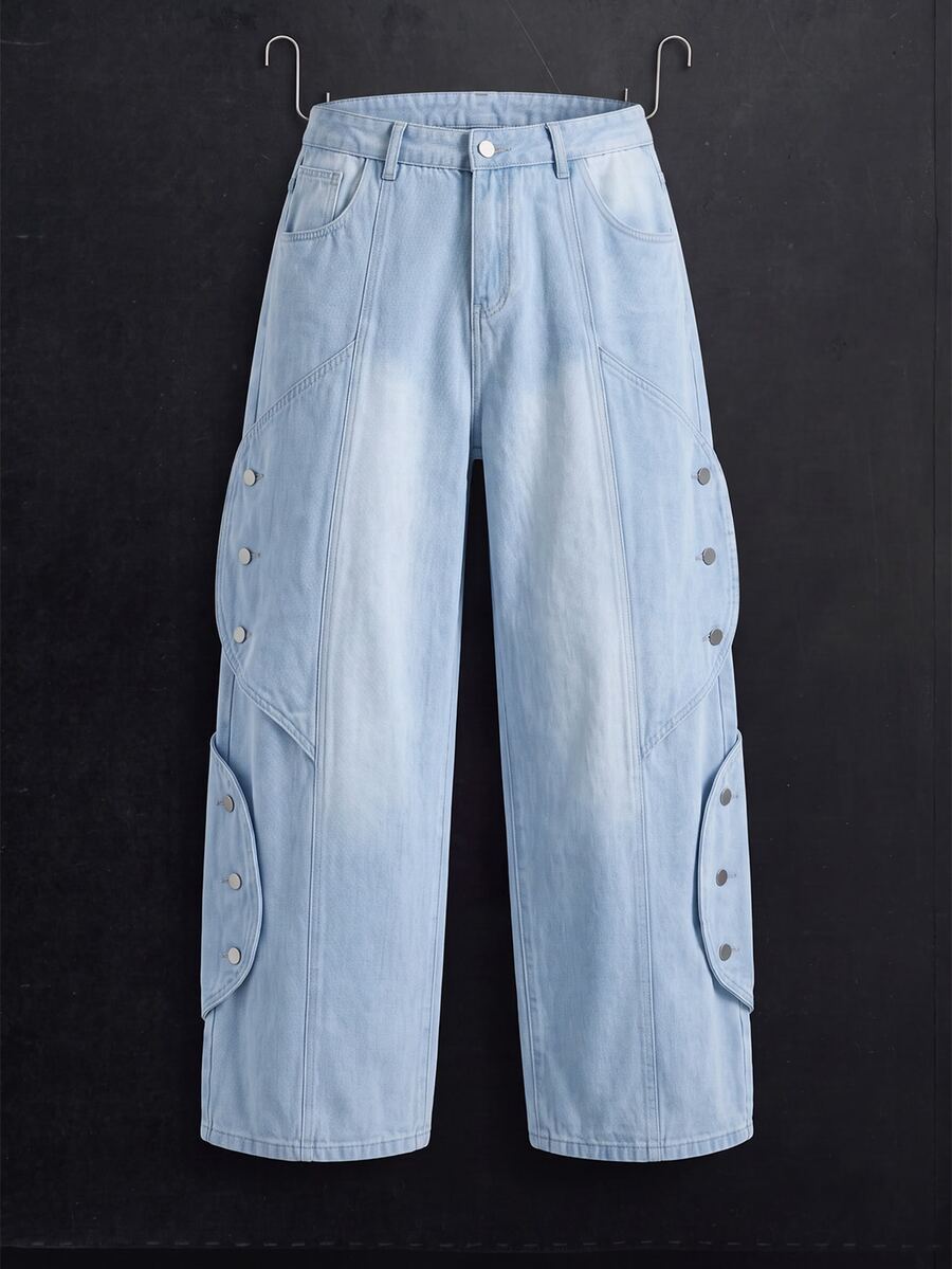 Manfinity Denimwave Jeans azules de pierna ancha con parches desgastados y curva casual de estilo urbano para hombres - Lavado ligero - Ver 1