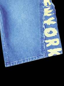 Manfinity Denimwave Pantalones cortos vaqueros de pierna ancha con estampado estadounidense y efecto desgastado para hombres, estilo hip hop y streetwear - Lavado ligero - Ver 5