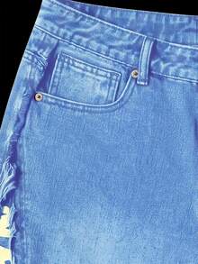 Manfinity Denimwave Pantalones cortos vaqueros de pierna ancha con estampado estadounidense y efecto desgastado para hombres, estilo hip hop y streetwear - Lavado ligero - Ver 4