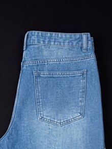 Manfinity Denimwave Pantalones cortos vaqueros de pierna ancha con estampado estadounidense y efecto desgastado para hombres, estilo hip hop y streetwear - Lavado ligero - Ver 6