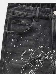 Manfinity Denimwave Men's Rhinestone Letter Pocket Casual Wide Leg Denim Jeans - Black - View 4