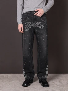 Manfinity Denimwave Men's Rhinestone Letter Pocket Casual Wide Leg Denim Jeans - Black - View 2