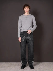 Manfinity Denimwave Men's Rhinestone Letter Pocket Casual Wide Leg Denim Jeans - Black - View 3