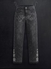 Manfinity Denimwave Men's Rhinestone Letter Pocket Casual Wide Leg Denim Jeans - Black - View 1