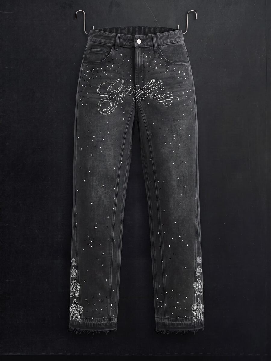 Manfinity Denimwave Men's Rhinestone Letter Pocket Casual Wide Leg Denim Jeans - Black - View 1