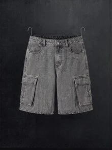 Manfinity Denimwave 2026 New Unisex Retro Distressed Washed Cargo Denim Shorts, Multi-Pocket Design, Versatile American Style Street Wear Light Grey Summer Holiday - Grey - View 1