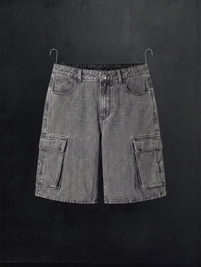 Manfinity Denimwave 2026 New Unisex Retro Distressed Washed Cargo Denim Shorts, Multi-Pocket Design, Versatile American Style Street Wear Light Grey Summer Holiday