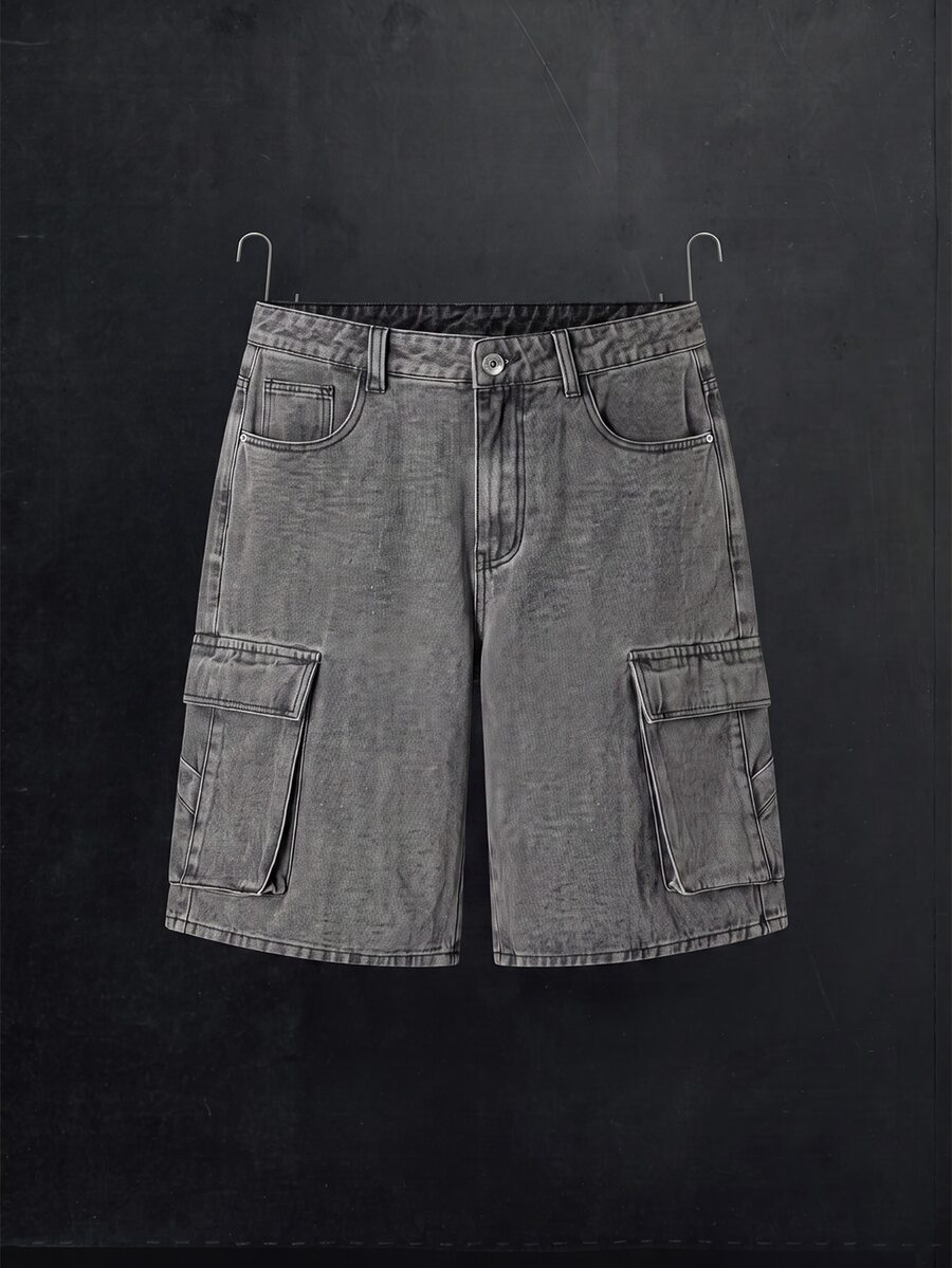 Manfinity Denimwave 2026 New Unisex Retro Distressed Washed Cargo Denim Shorts, Multi-Pocket Design, Versatile American Style Street Wear Light Grey Summer Holiday - Grey - View 1