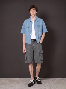 Manfinity Denimwave 2026 New Unisex Retro Distressed Washed Cargo Denim Shorts, Multi-Pocket Design, Versatile American Style Street Wear Light Grey Summer Holiday - Grey - View 5