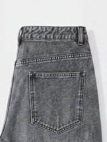Manfinity Denimwave 2026 New Arrival Vintage Streetwear Distressed Grey Black Asymmetrical Rhinestone Washed Frayed Hem Casual Denim Men Shorts Rave Summer, Holiday - Grey - View 5