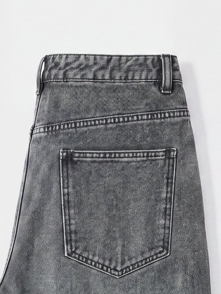 Manfinity Denimwave 2026 New Arrival Vintage Streetwear Distressed Grey Black Asymmetrical Rhinestone Washed Frayed Hem Casual Denim Men Shorts Rave Summer, Holiday - Grey - View 5
