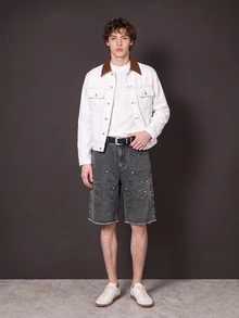 Manfinity Denimwave 2026 New Arrival Vintage Streetwear Distressed Grey Black Asymmetrical Rhinestone Washed Frayed Hem Casual Denim Men Shorts Rave Summer, Holiday - Grey - View 4