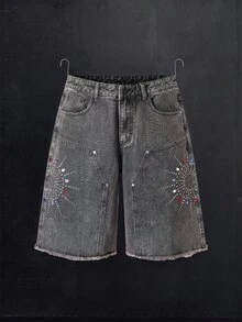 Manfinity Denimwave 2026 New Arrival Vintage Streetwear Distressed Grey Black Asymmetrical Rhinestone Washed Frayed Hem Casual Denim Men Shorts Rave Summer, Holiday - Grey - View 1