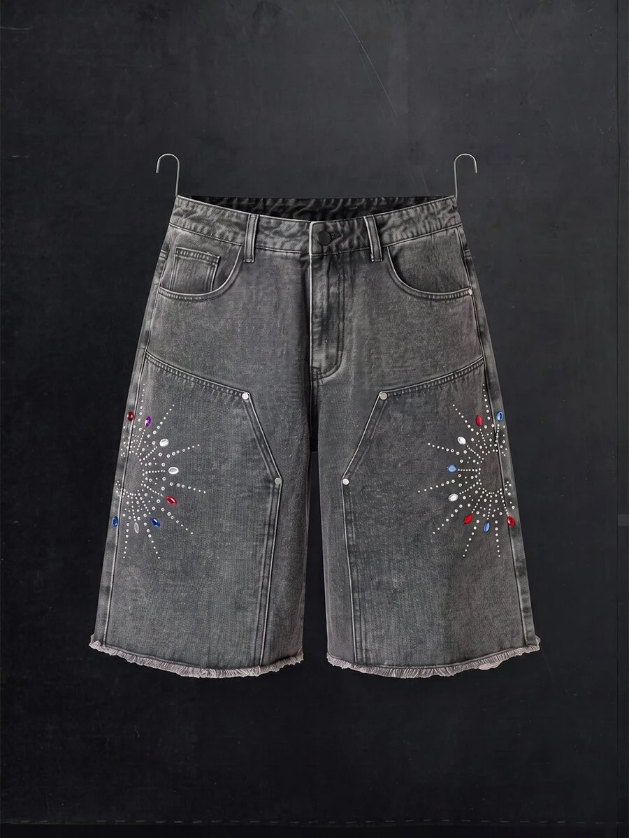 Manfinity Denimwave 2026 New Arrival Vintage Streetwear Distressed Grey Black Asymmetrical Rhinestone Washed Frayed Hem Casual Denim Men Shorts Rave Summer, Holiday - Grey - View 1