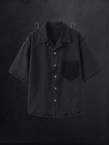 Manfinity Denimwave 男士深灰色夏季街頭休閒牛仔襯衫，復古水洗口袋陰影設計層次上衣，3D剪裁落肩中袖，度假風 - 黑色 - 查看 1